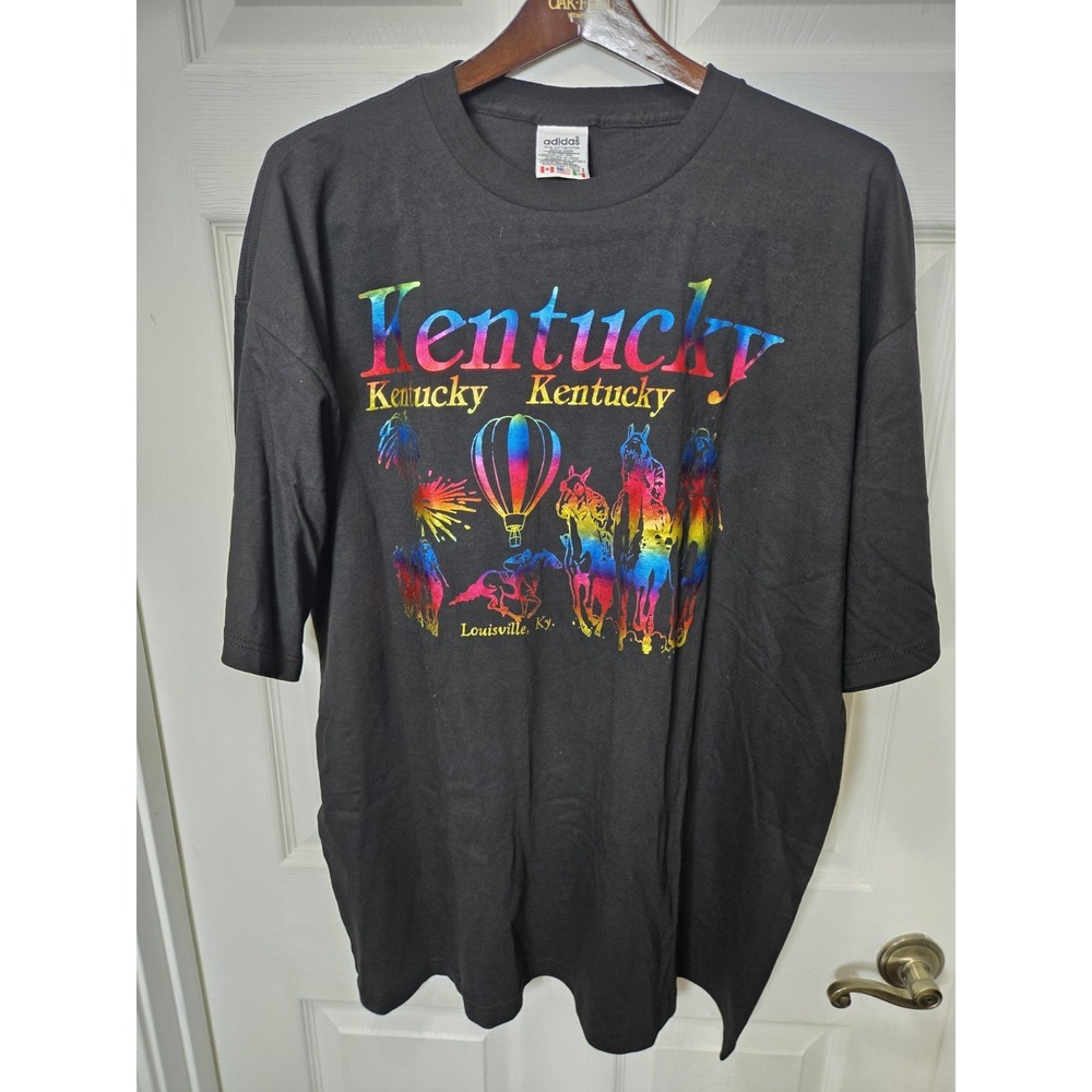 Vintage Adidas Trefoil Kentucky T-Shirt Rainbow Made In USA Mens Large Black